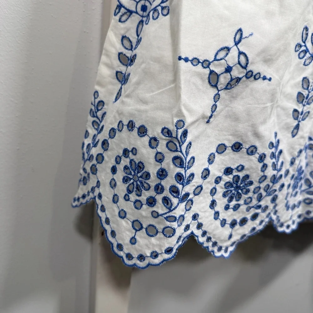 Tory Burch Floral Mariana Dress Womens Blue‎ White Embroidered Scallop Hem - 4